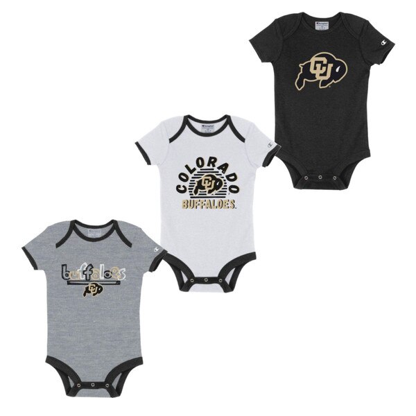 One is black with a C.U. buffalo logo on the font. Another is white with black trim and says Colorado Buffaloes on the front. The last is grey with black trim and says Buffaloes on the front.